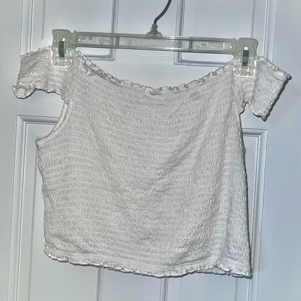 GARAGE off the shoulder top white runched ribbed sleeveless strapless crop top
